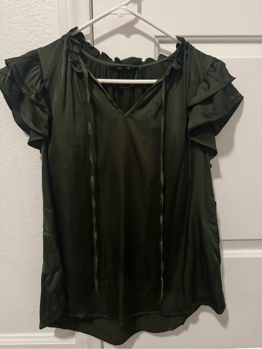 Olive Green Ruffle Sleeve V-Neck Blouse